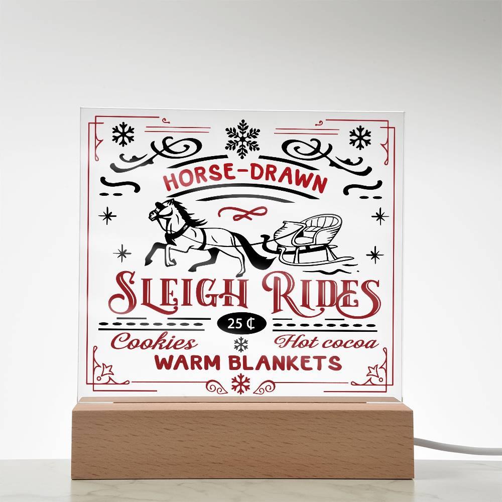Christmas Horse Drawn Sleigh Rides Acrylic Square Plaque with LED Wooden Base - Mallard Moon Gift Shop