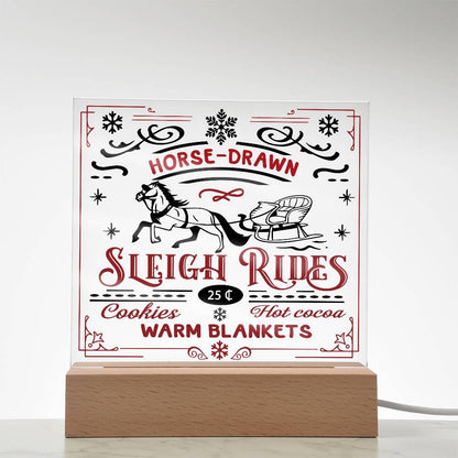 Christmas Horse Drawn Sleigh Rides Acrylic Square Plaque with LED Wooden Base - Mallard Moon Gift Shop