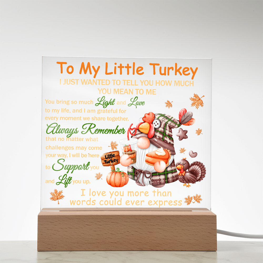 To My Little Turkey Acrylic Plaque – Heartfelt Thanksgiving Gift for Child, Grandchild, or Loved One | Cute Fall Message Keepsake | LED Light Base Option