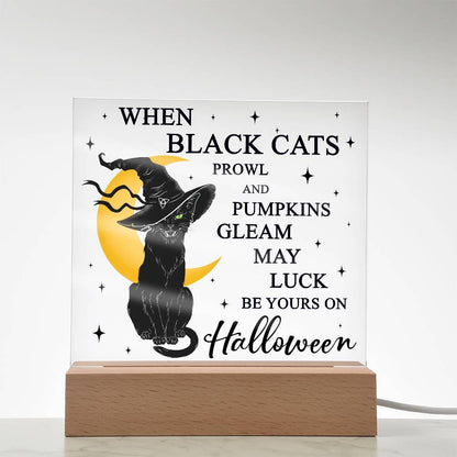 Halloween Decor - Black Cats and Pumpkins Gleam Acrylic Square Plaque with LED Wooden Base - Mallard Moon Gift Shop