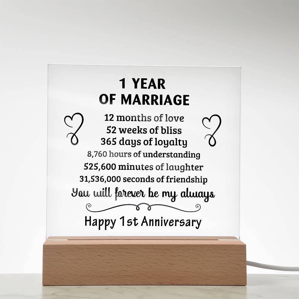 Anniversary Gift - One Year Of Marriage Acrylic Square Plaque with LED Wooden Base - Mallard Moon Gift Shop