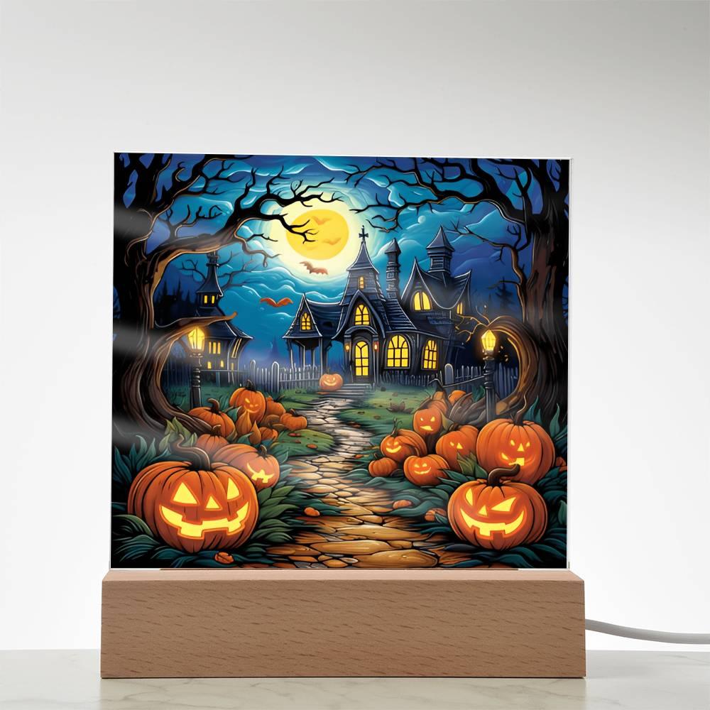 Halloween Decor Haunted Mansion Acrylic Square Plaque with LED Wooden Base - Mallard Moon Gift Shop