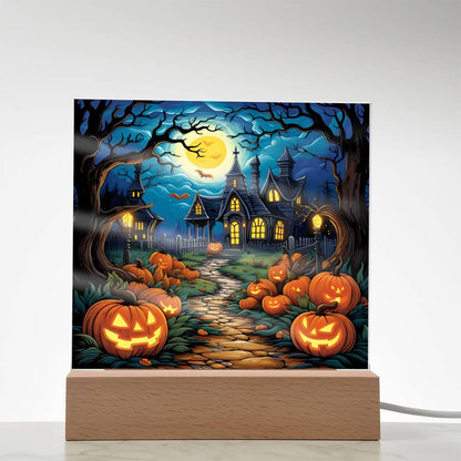 Halloween Decor Haunted Mansion Acrylic Square Plaque with LED Wooden Base - Mallard Moon Gift Shop