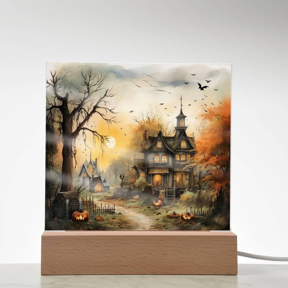 Spectral Spire: Spooky Halloween Mansion Acrylic Square Plaque with LED Lighted Wooden Base - Mallard Moon Gift Shop