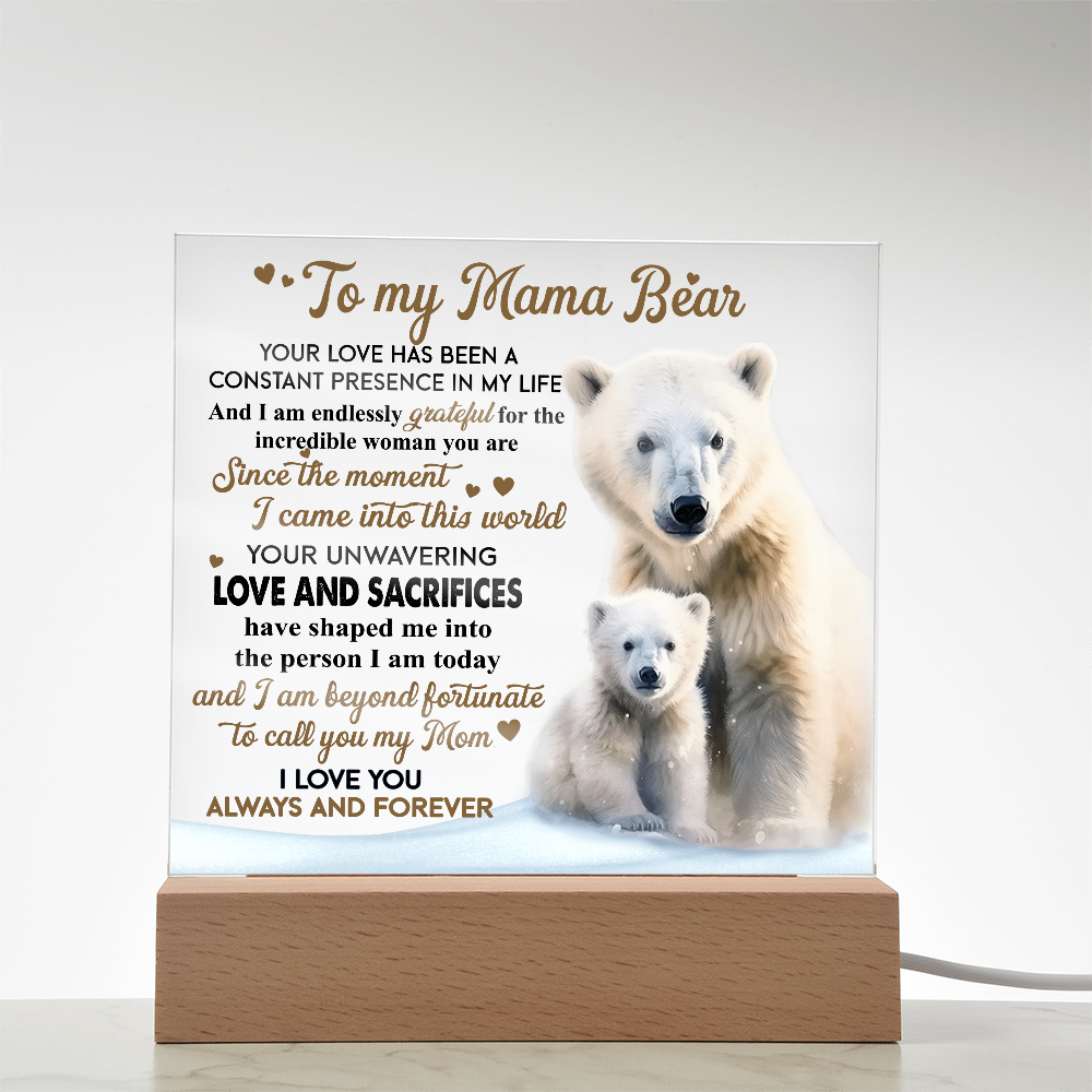 To My Mama Bear Acrylic Plaque – Polar Bear LED Light Gift | Heartfelt “Always and Forever” Keepsake for Mom