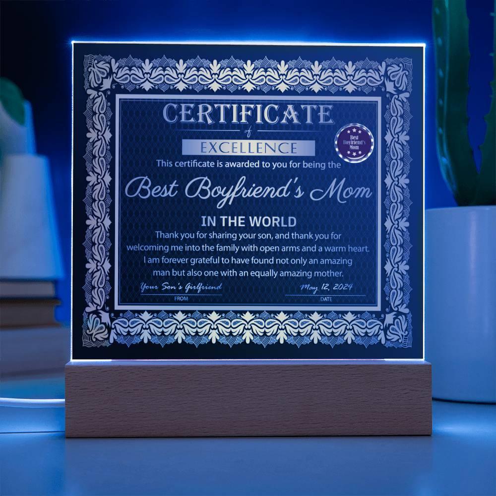 Best Boyfriend's Mom Certificate of Excellence Mother's Day Acrylic Plaque - Mallard Moon Gift Shop