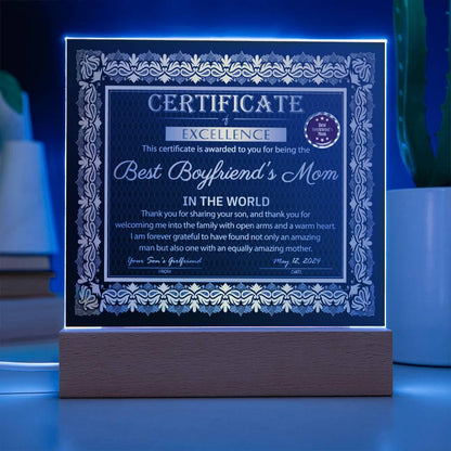 Best Boyfriend's Mom Certificate of Excellence Mother's Day Acrylic Plaque - Mallard Moon Gift Shop