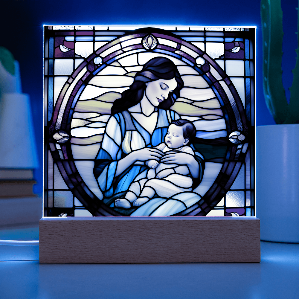 Brunette Mother and Baby - Stained Glass Style LED Acrylic Plaque – A Cherished Gift for Mother's Day or New Moms - Mallard Moon Gift Shop