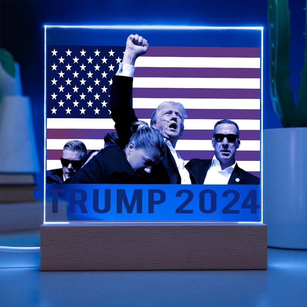 Trump 2024 Butler Rally Acrylic Plaque with LED Lighted Wooden Base - Mallard Moon Gift Shop