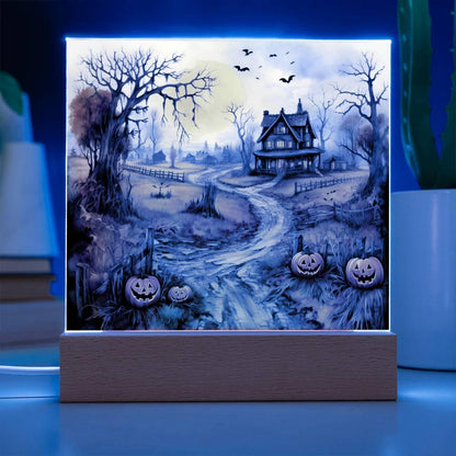 Haunted Elegance: Spooky Halloween Mansion Acrylic Square Plaque with LED Lighted Wooden Base - Mallard Moon Gift Shop