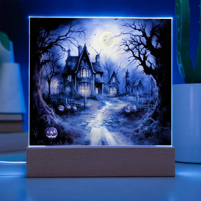Ghostly Manor: Halloween Acrylic Square Plaque with LED Lighted Wooden Base - Mallard Moon Gift Shop