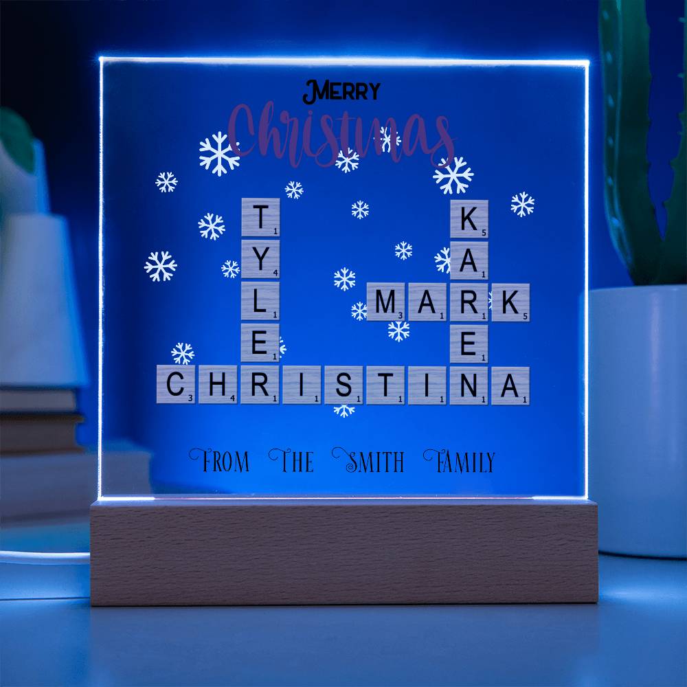 Personalized Crossword Puzzle Merry Christmas Acrylic Plaque with Lighted LED Wooden Base - Mallard Moon Gift Shop