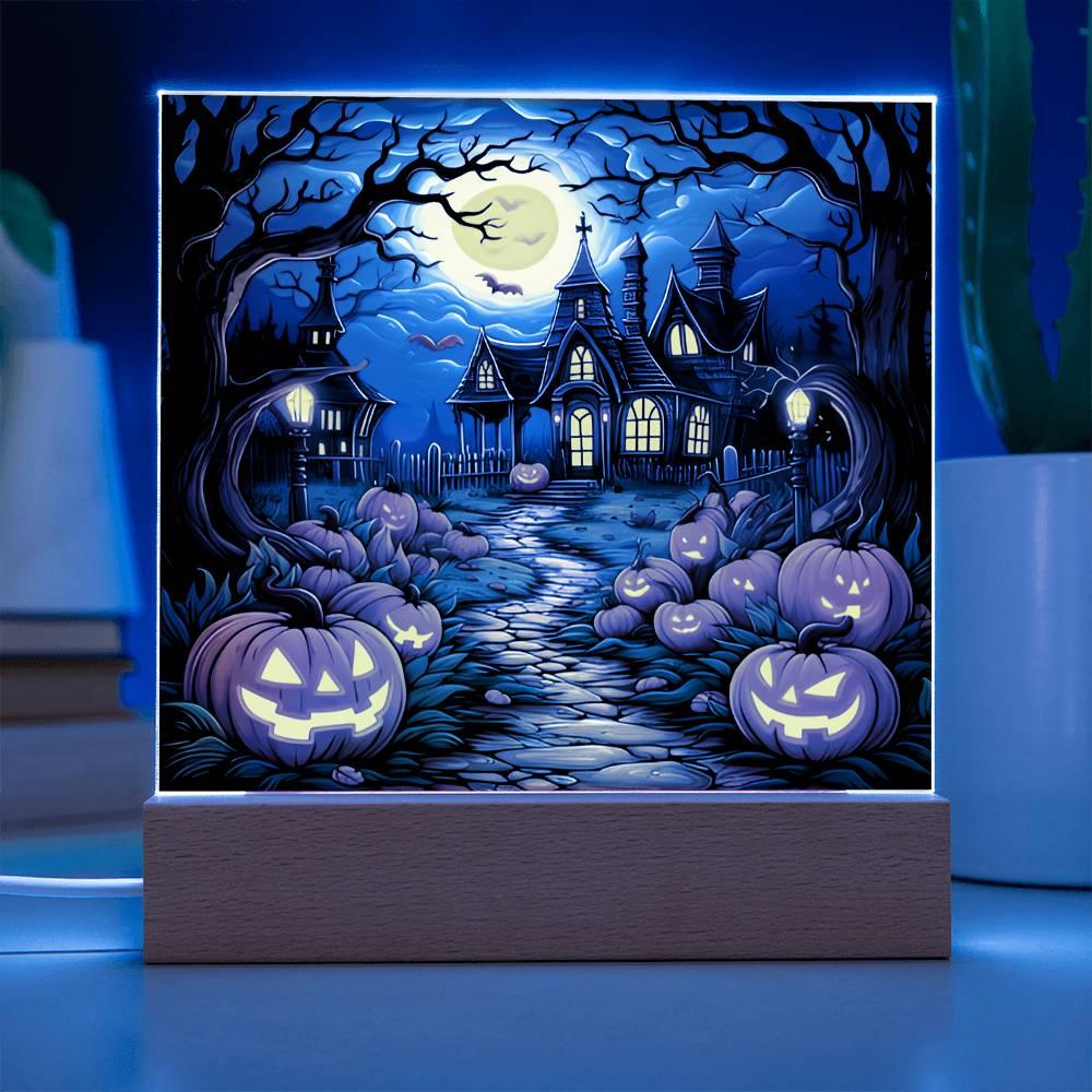Halloween Decor Haunted Mansion Acrylic Square Plaque with LED Wooden Base - Mallard Moon Gift Shop