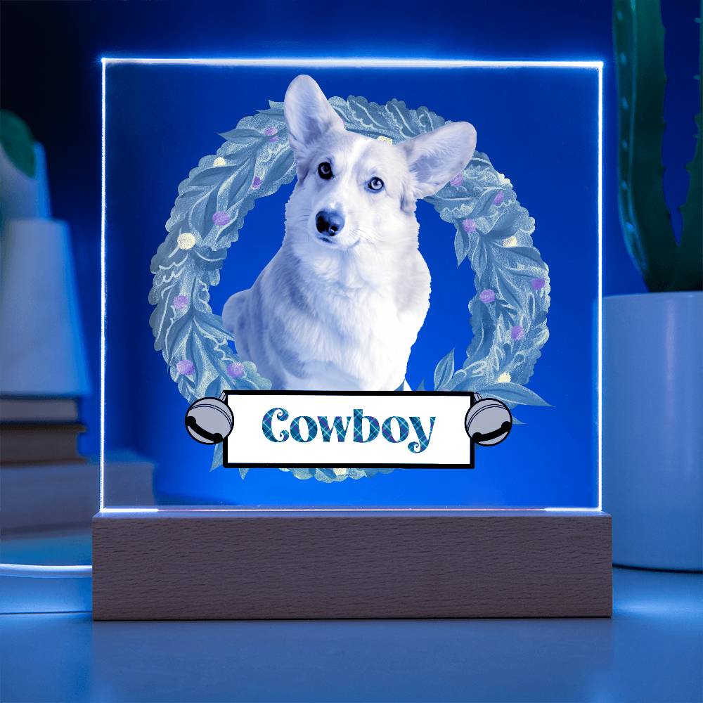 Pet Personalized Holiday Wreath Photo Upload Keepsake Acrylic Plaque with Lighted LED Wooden Base - Mallard Moon Gift Shop