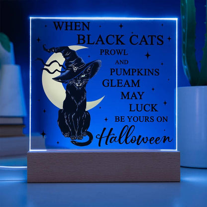 Halloween Decor - Black Cats and Pumpkins Gleam Acrylic Square Plaque with LED Wooden Base - Mallard Moon Gift Shop