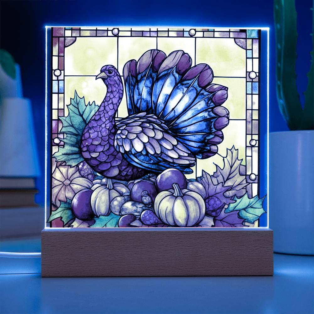 Thanksgiving Turkey Stained-glass Acrylic Square LED Lighted Wooden Base - Mallard Moon Gift Shop