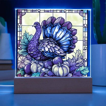 Thanksgiving Turkey Stained-glass Acrylic Square LED Lighted Wooden Base - Mallard Moon Gift Shop