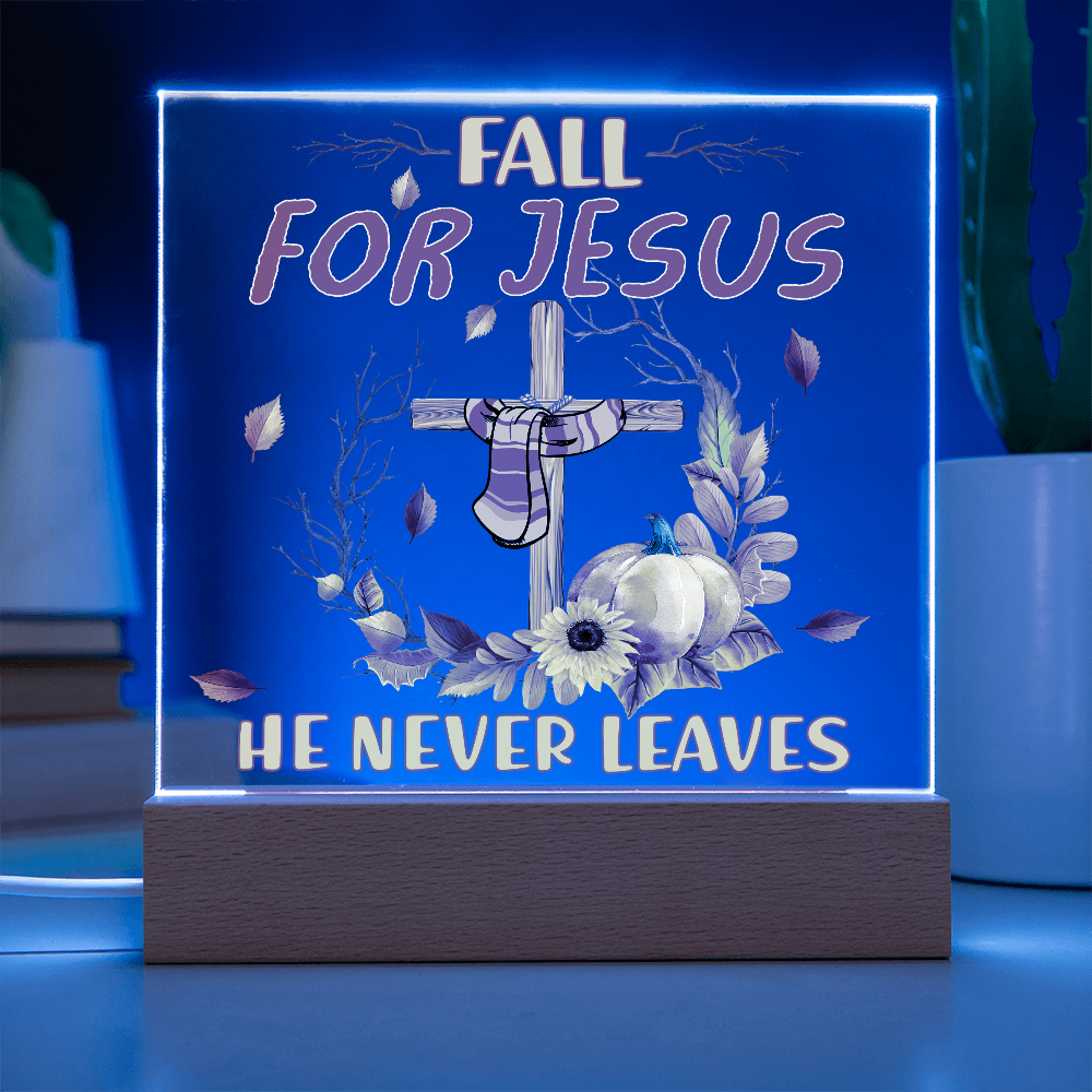Fall for Jesus Acrylic Plaque – Christian Fall Décor with Cross and Pumpkins | Faith-Based LED Light Display Gift