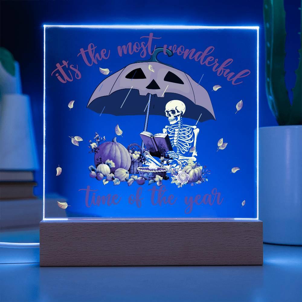 Halloween Decor - Most Wonderful Time of The Year Acrylic Square Plaque with LED Wooden Base - Mallard Moon Gift Shop