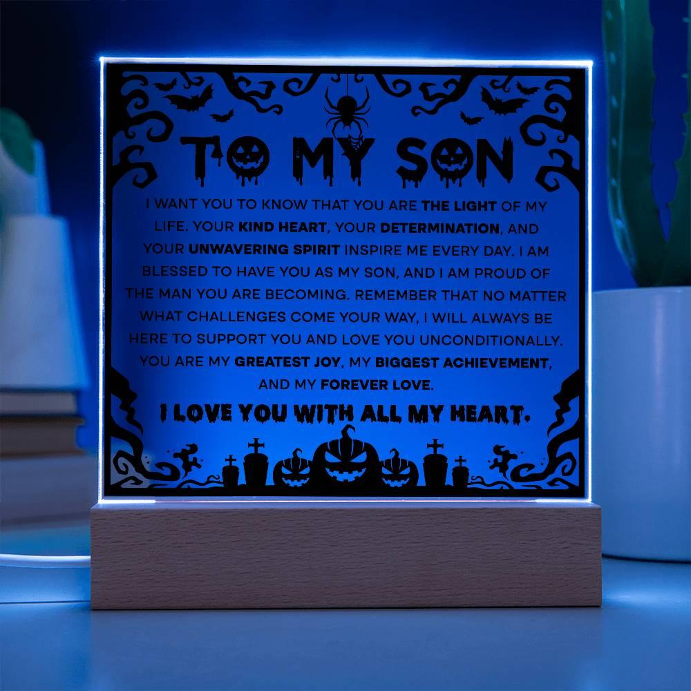 Son - Proudest Achievement - Halloween Acrylic Square Plaque with LED Wooden Base - Mallard Moon Gift Shop