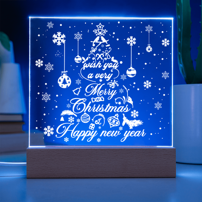Merry Christmas & Happy New Year Acrylic Plaque – Elegant Holiday LED Light Décor | Festive Tree Design Gift
