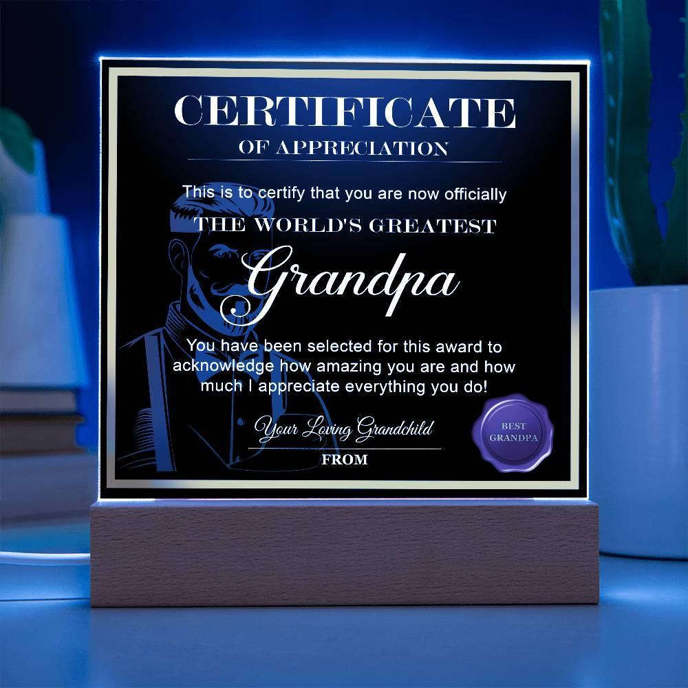 Certificate of Appreciation - The World's Greatest Grandpa Personalized Acrylic Plaque - Mallard Moon Gift Shop