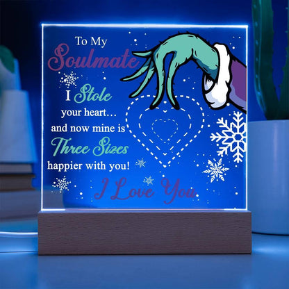 Soulmate Gift - Stole My Heart - Christmas Acrylic Plaque with Lighted LED wooden Base - Mallard Moon Gift Shop