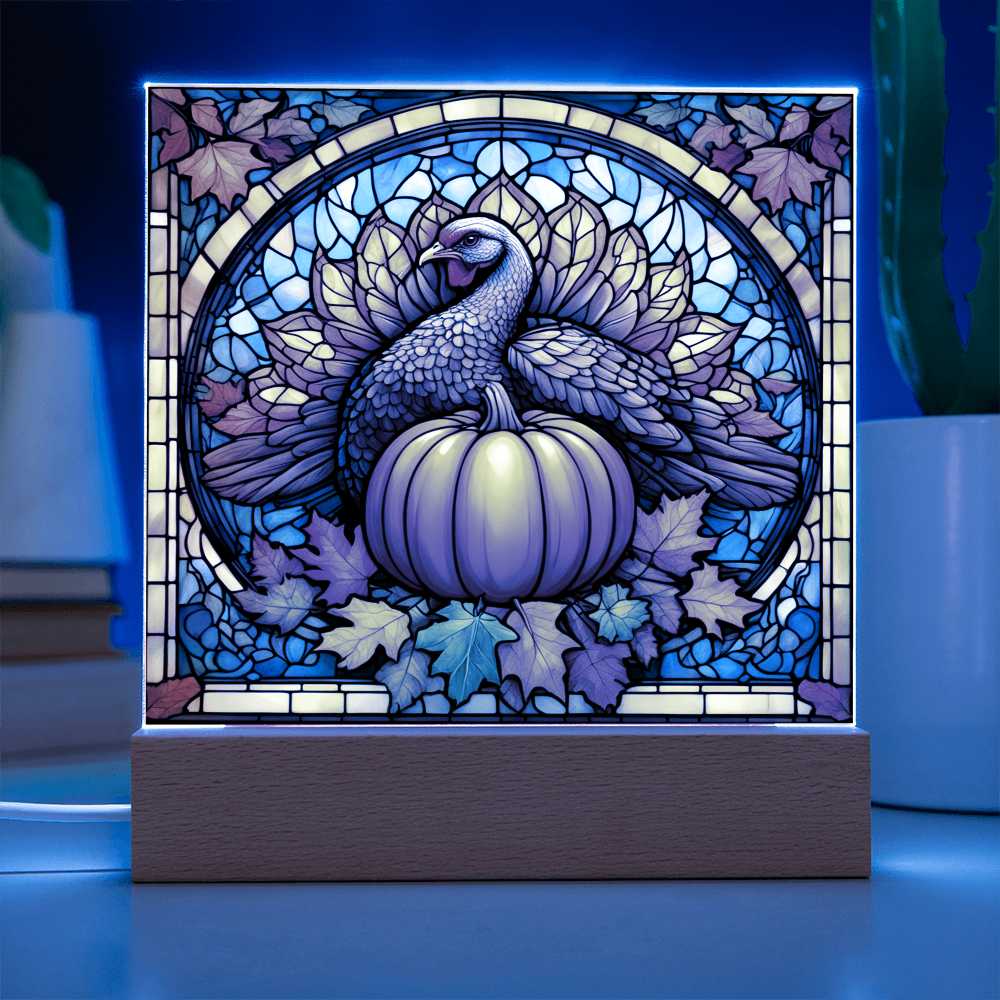 Thanksgiving Stained Glass Turkey Acrylic Plaque – Elegant Fall Home Decor with LED Light Base | Autumn Window Art Inspired Gift