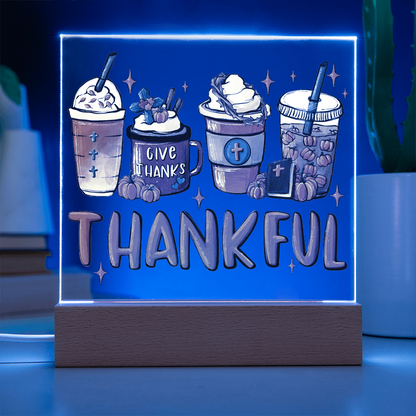 Thankful Coffee Acrylic Plaque – Cozy Fall Décor Gift for Coffee Lovers | “Give Thanks” Autumn LED Light Display