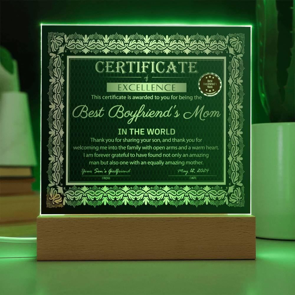 Best Boyfriend's Mom Certificate of Excellence Mother's Day Acrylic Plaque - Mallard Moon Gift Shop