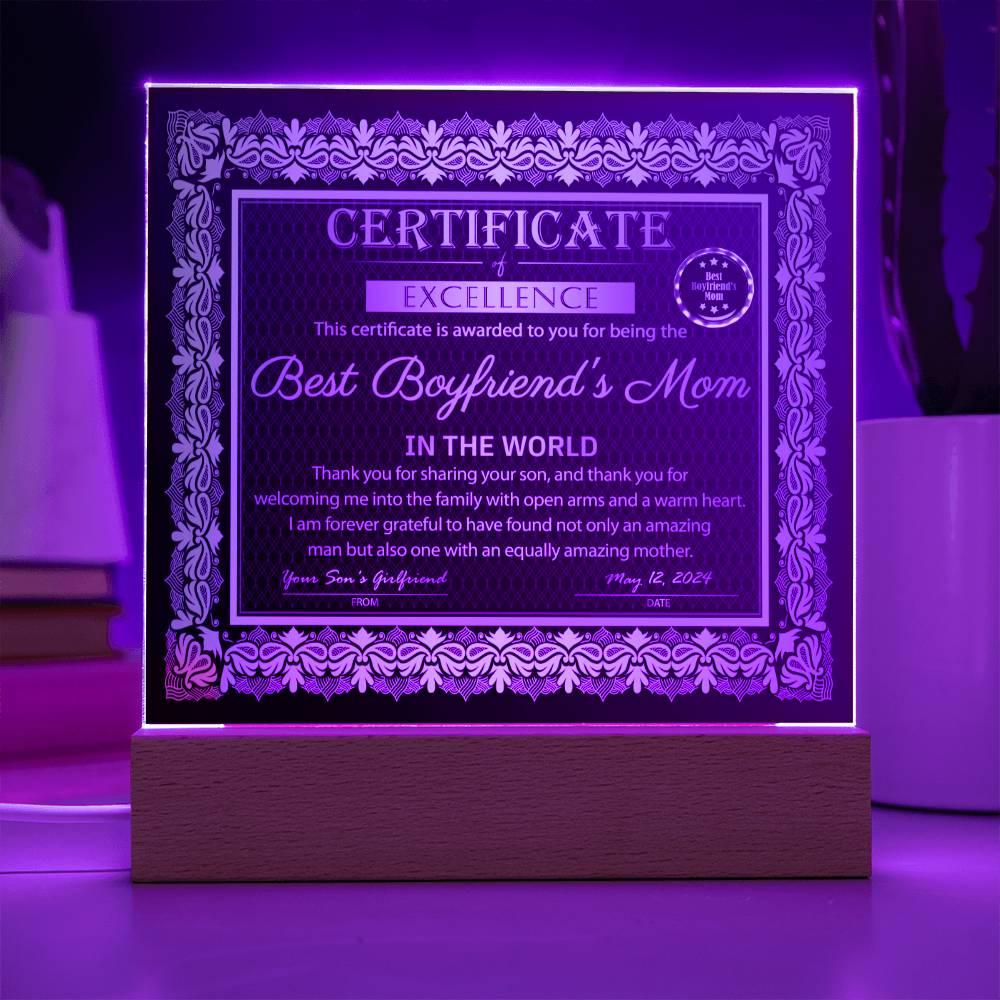 Best Boyfriend's Mom Certificate of Excellence Mother's Day Acrylic Plaque - Mallard Moon Gift Shop
