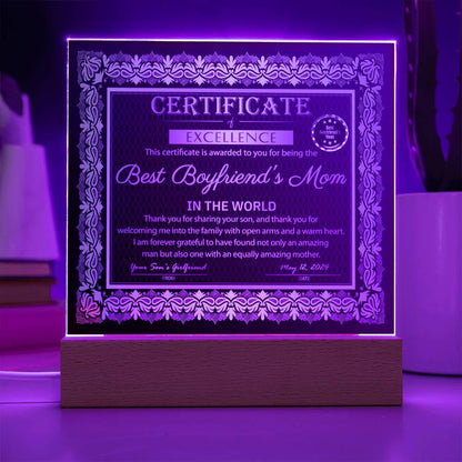 Best Boyfriend's Mom Certificate of Excellence Mother's Day Acrylic Plaque - Mallard Moon Gift Shop