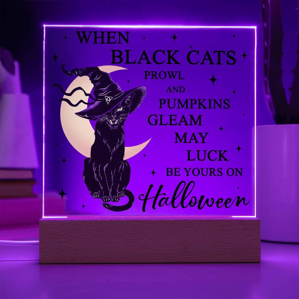 Halloween Decor - Black Cats and Pumpkins Gleam Acrylic Square Plaque with LED Wooden Base - Mallard Moon Gift Shop