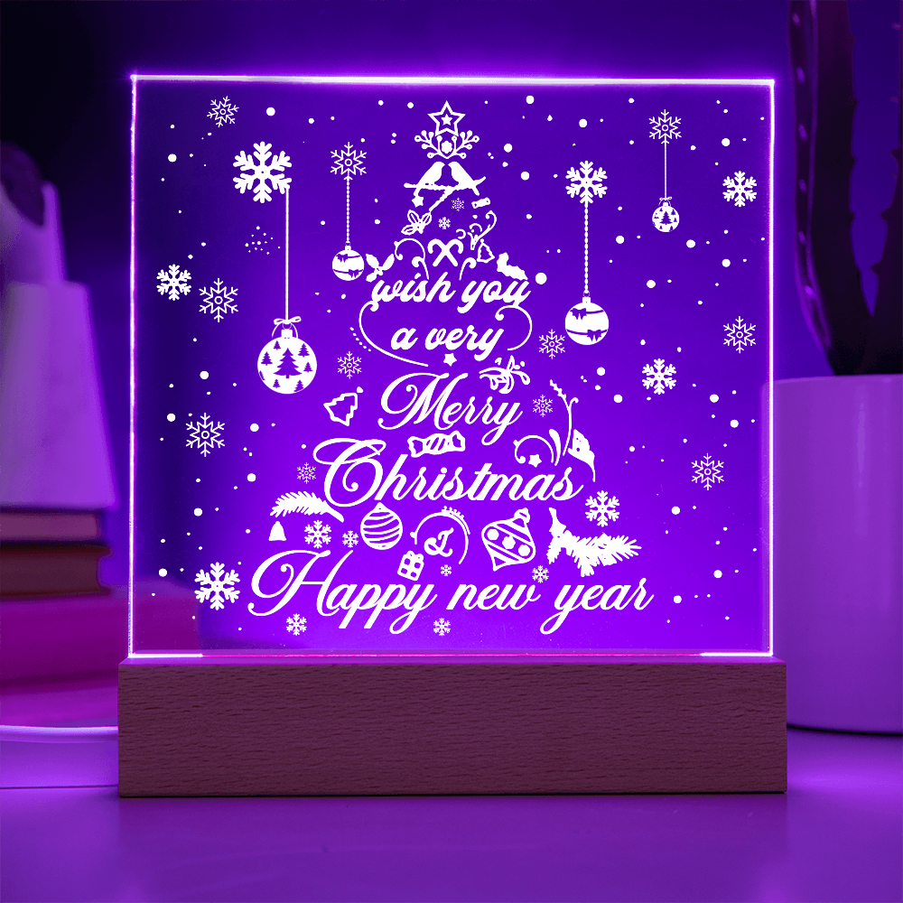 Merry Christmas & Happy New Year Acrylic Plaque – Elegant Holiday LED Light Décor | Festive Tree Design Gift
