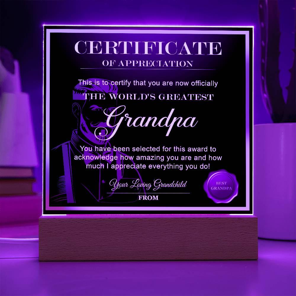 Certificate of Appreciation - The World's Greatest Grandpa Personalized Acrylic Plaque - Mallard Moon Gift Shop