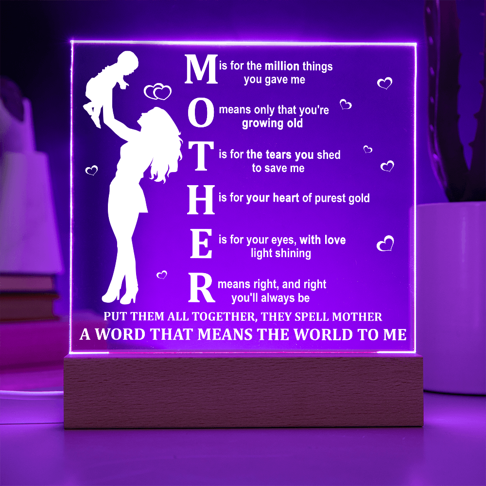 Mother Acrylic LED Plaque – A Word That Means the World to Me | Heartfelt Mother's Day Gift - Mallard Moon Gift Shop