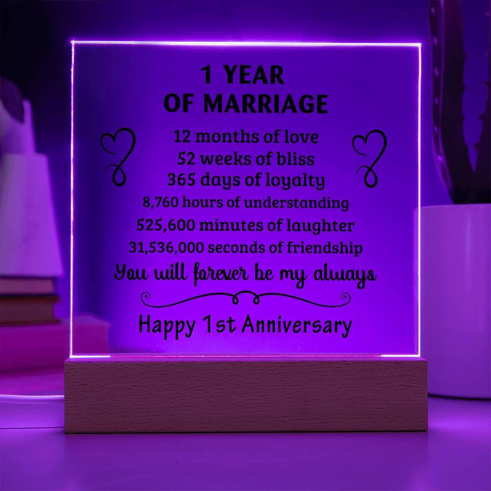 Anniversary Gift - One Year Of Marriage Acrylic Square Plaque with LED Wooden Base - Mallard Moon Gift Shop