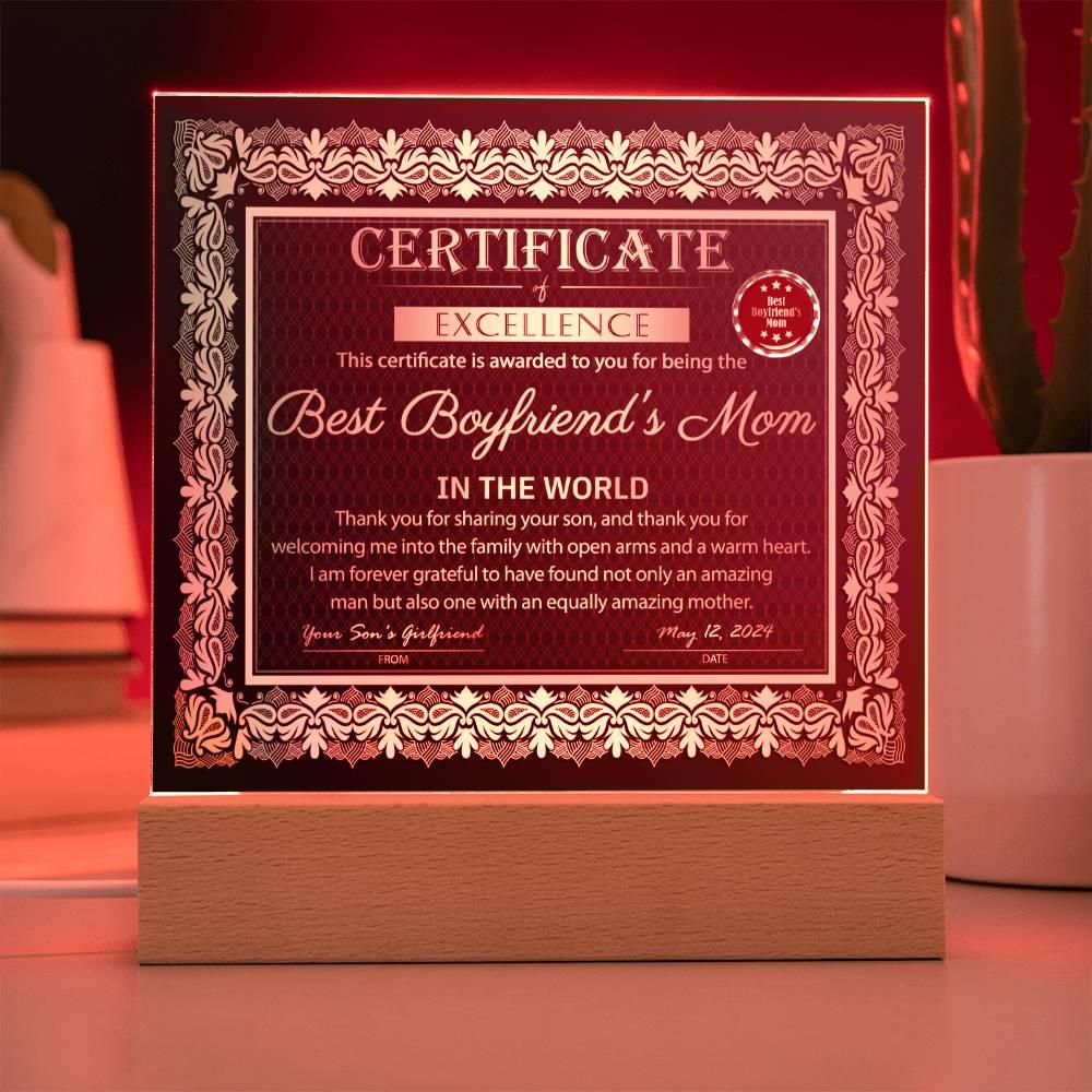 Best Boyfriend's Mom Certificate of Excellence Mother's Day Acrylic Plaque - Mallard Moon Gift Shop