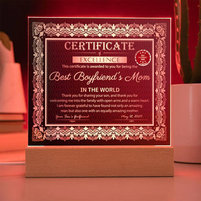 Best Boyfriend's Mom Certificate of Excellence Mother's Day Acrylic Plaque - Mallard Moon Gift Shop