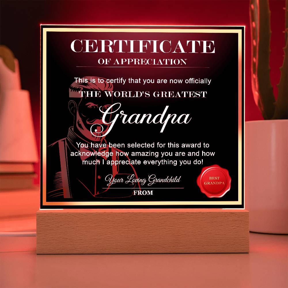 Certificate of Appreciation - The World's Greatest Grandpa Personalized Acrylic Plaque - Mallard Moon Gift Shop