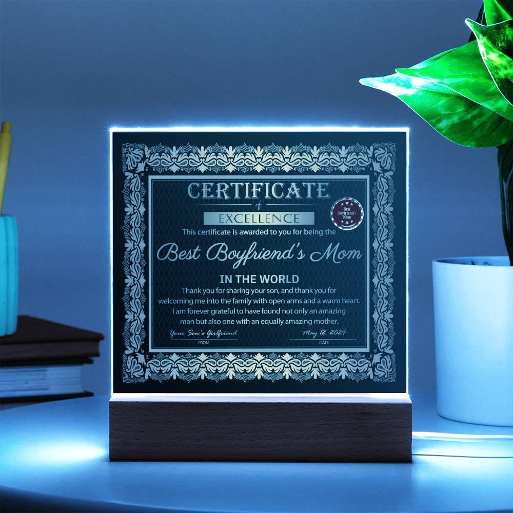 Best Boyfriend's Mom Certificate of Excellence Mother's Day Acrylic Plaque - Mallard Moon Gift Shop