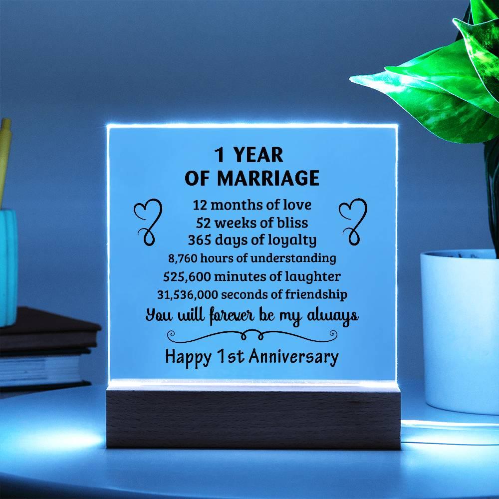 Anniversary Gift - One Year Of Marriage Acrylic Square Plaque with LED Wooden Base - Mallard Moon Gift Shop