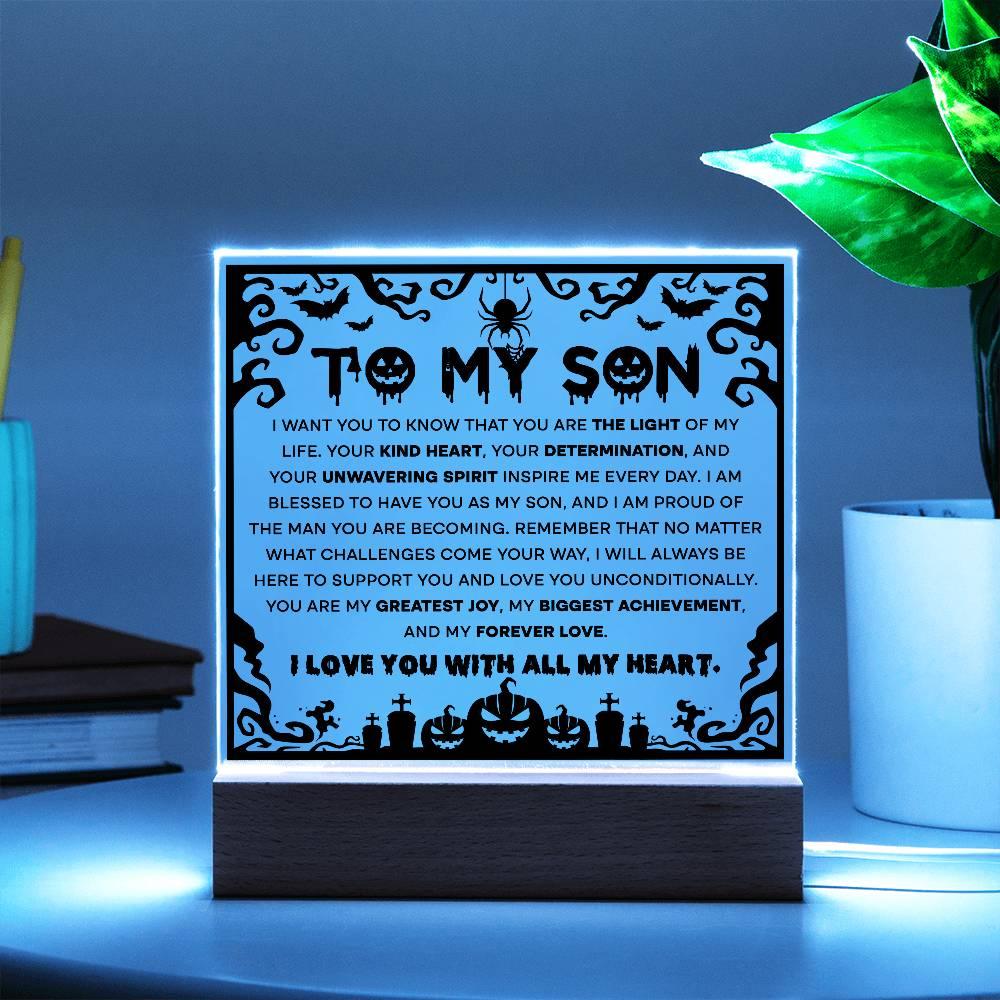 Son - Proudest Achievement - Halloween Acrylic Square Plaque with LED Wooden Base - Mallard Moon Gift Shop