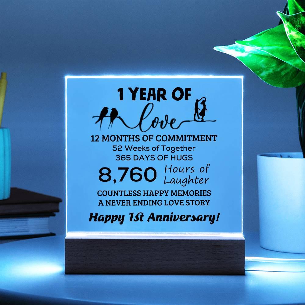 Anniversary Gift One Year of Love, Countless Happy Memories Acrylic Square Plaque with LED Wooden Base - Mallard Moon Gift Shop