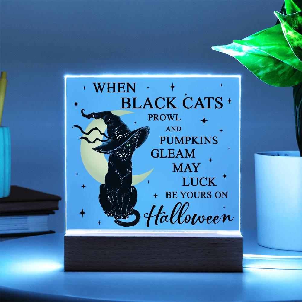 Halloween Decor - Black Cats and Pumpkins Gleam Acrylic Square Plaque with LED Wooden Base - Mallard Moon Gift Shop