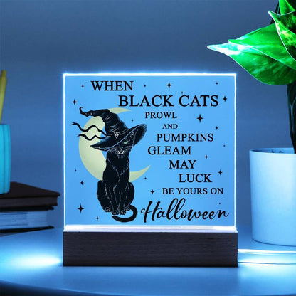 Halloween Decor - Black Cats and Pumpkins Gleam Acrylic Square Plaque with LED Wooden Base - Mallard Moon Gift Shop