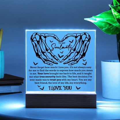Soulmate - True Security - Halloween Acrylic Square Plaque with LED Lighted Wooden Base - Mallard Moon Gift Shop