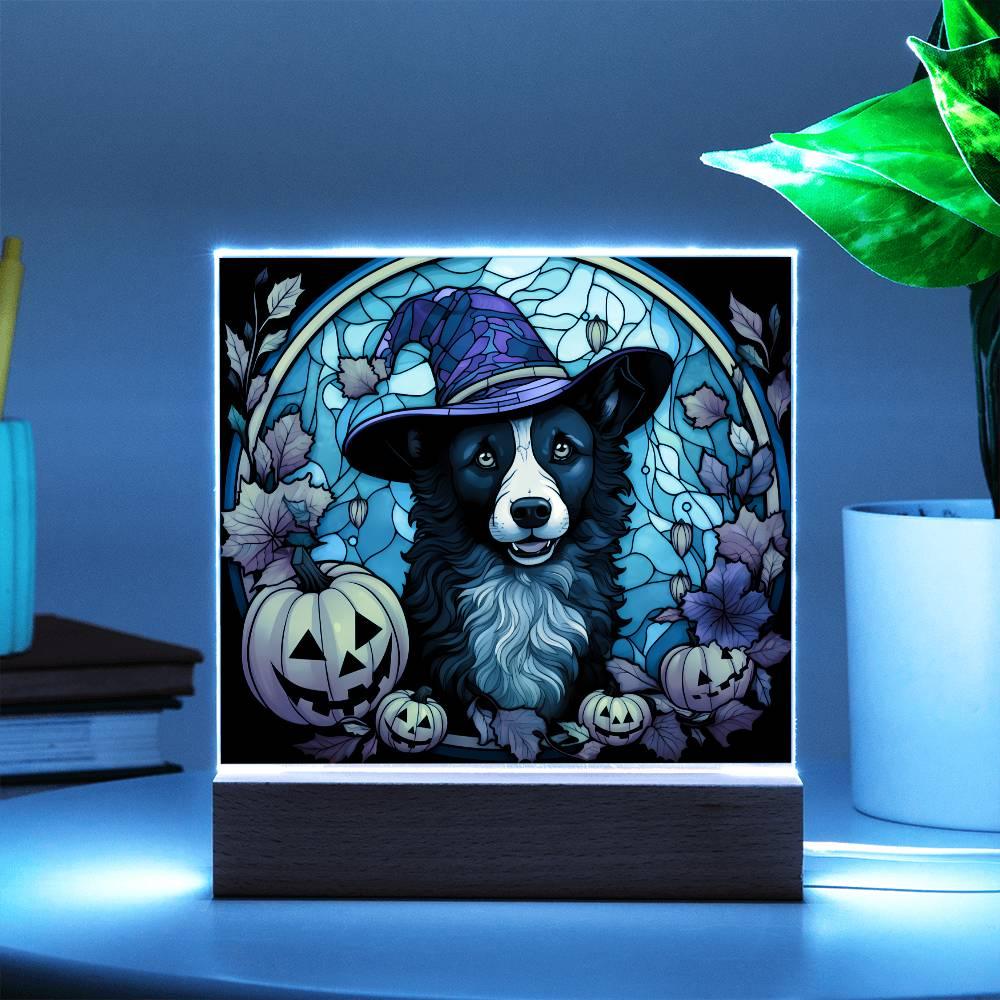 Dog Halloween Portrait Stained Glass Acrylic Plaque with LED Lighted Wooden Base - Mallard Moon Gift Shop