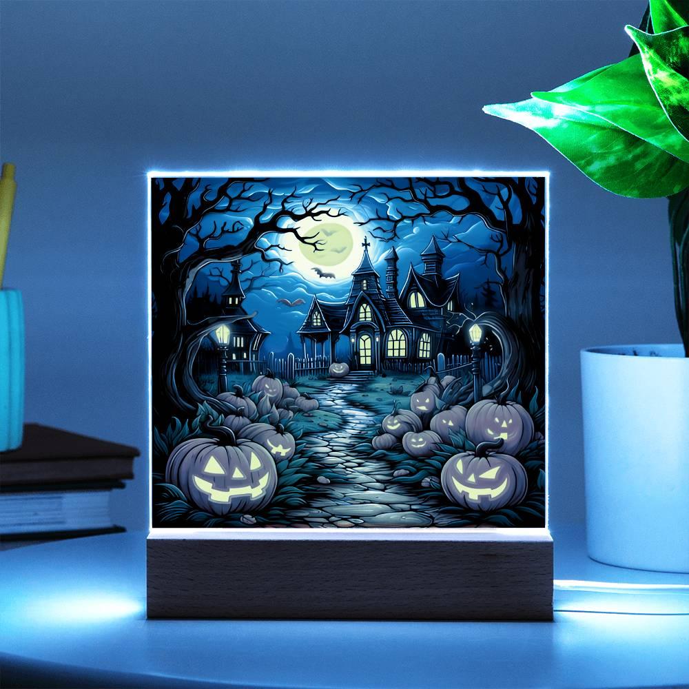 Halloween Decor Haunted Mansion Acrylic Square Plaque with LED Wooden Base - Mallard Moon Gift Shop