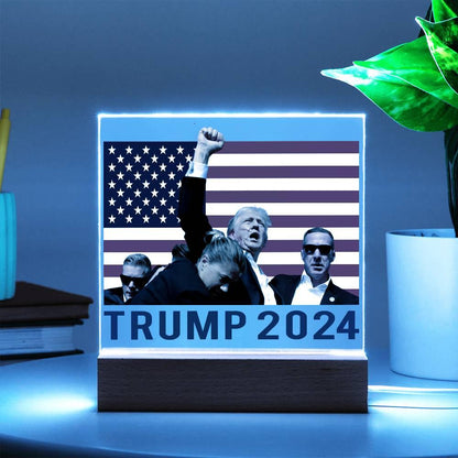 Trump 2024 Butler Rally Acrylic Plaque with LED Lighted Wooden Base - Mallard Moon Gift Shop